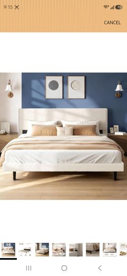 viplov King Bed Frame Teddy Velvet Modern Platform Bed Frame with Upholstered Headboard, Mattress Foundation, No Box Spring Required, Beige