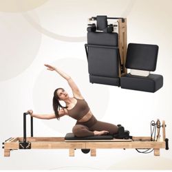 Pilates Reformer Machine - Foldable Wooden Reformer with 5 Resistance Levels, Jump Board & Complete Accessories | 90% Pre-Installed, Durable Oak Frame