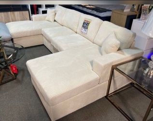 U shaped sectional sofa double chaise Ivory Corduroy