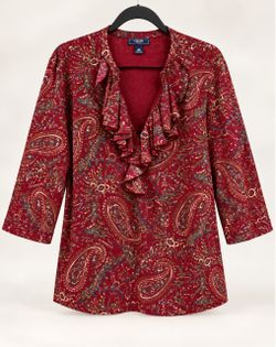 Chaps by Ralph Lauren Red Paisley 3/4 Sleeve Top, Ruffle V Neck, Women’s 3X