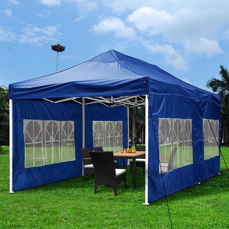 $210 (new in box) heavy duty 10x20ft canopy pop up tent with side walls instant shade carry bag rope stake, blue color