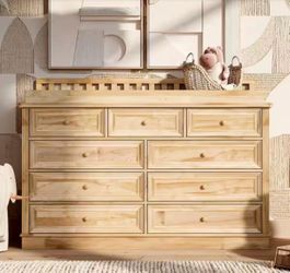 Kingdely Light Pine 100% Solid Wood Changing Table Dresser with Removable Changing Tray, Anti-Tip Kit, 9-Drawer, Nursery Storage