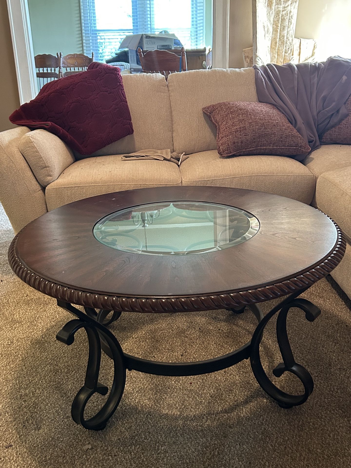 Beautiful Round Wood Coffee Table With Glass Inset
