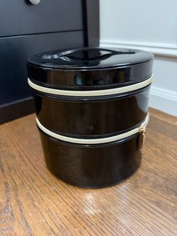 LANCOME BLACK PATENT LEATHER COVERED 2-TIER COSMETIC/TRAVEL CASE only