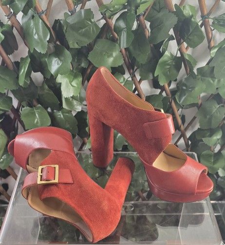 Michael Kors Eleni 4.5" Block Heels Platform Peep Toe Brick Red Suede Leather Womens Size 9