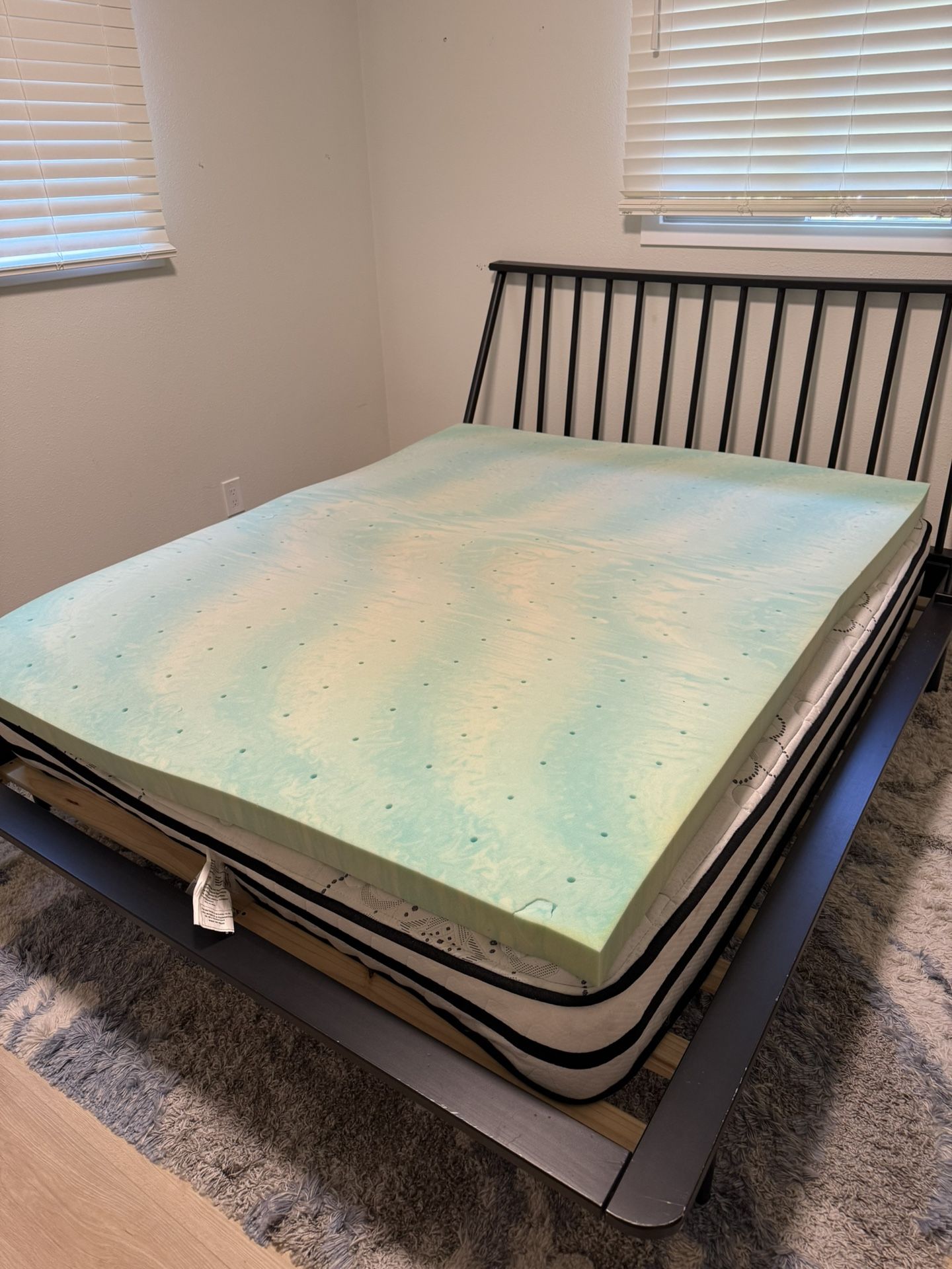 Wooden queen bed frame with optional mattress and memory foam mattress topper