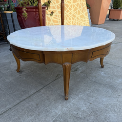 Vintage solid wood base, beautiful marble top coffee table 38 diameter 16 tall
