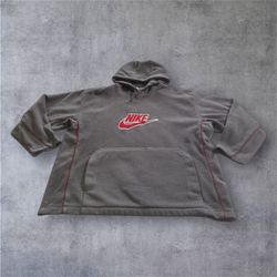 Vtg Nike Pullover Fleece Hoodie Mens XXL Gray Red Spell Out Center Logo Y2K