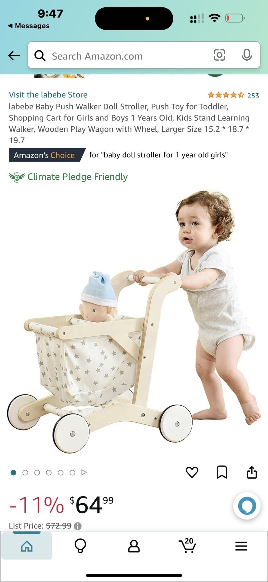labebe Baby Push Walker Doll Stroller, Push Toy for Toddler, Shopping Cart for Girls and Boys 1 Years Old, Kids Stand Learning Walker, Wooden Play Wag