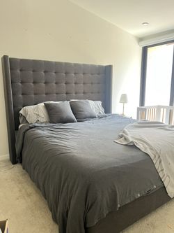 Grey Upholstered King Bed Frame with Tufted Headboard