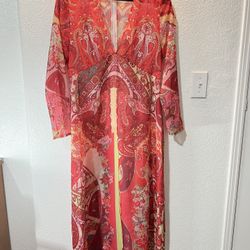 Vintage orange chiffon Floral Maxi Dress Women's Size M