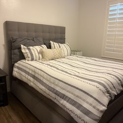 Upholstered Queen Bed Frame w/ Pull-Out Storage Drawer