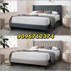 Queen Grey Burlap Button Tufted Bed w. Orthopedic Mattress Included 