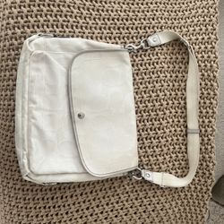 Vintage white Coach Signature Canvas Flap messenger Bag with pink interior 