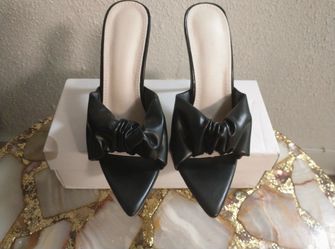 Black Pointed-Toe Bow Mule Heels