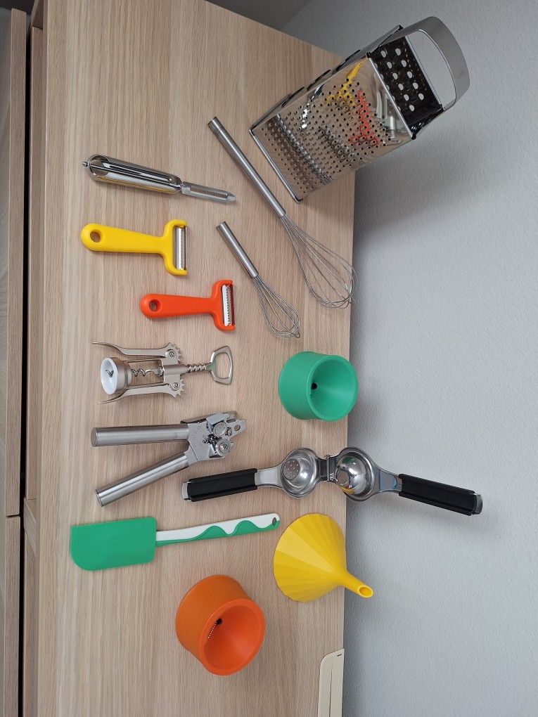 Ikea Kitchen Accessory Set - cheese shredder, can opener, funnel, vegetable peelers and graters, soft spatula, potato peeler, whisks, corkscrew, lemon