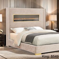 King Bed Frame With Fireplace Display
