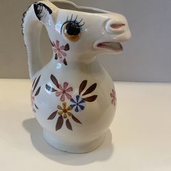Vintage ceramic white horse pitcher / vase with flower design. Gorgeous! 7.5 inches tall x6 across.