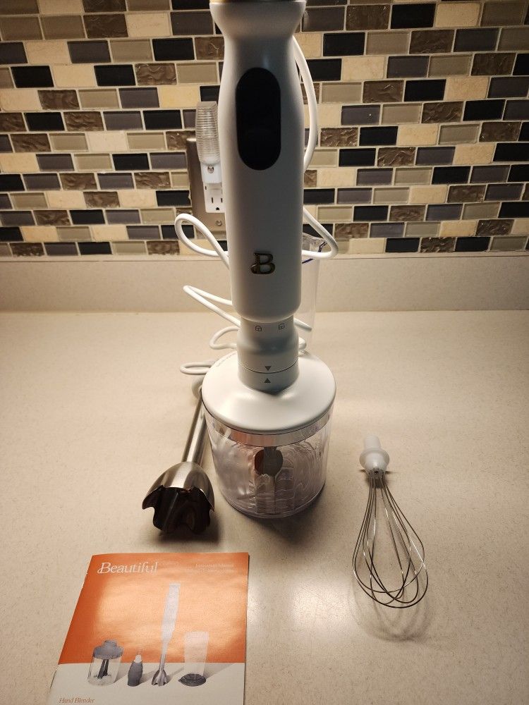 Beautiful 2-Speed Immersion Blender with Chopper & Measuring Cup, White  Icing by Drew Barrymore