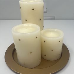 Elegant Three Piece Gold Studded Pillar Candle Set With Trivet