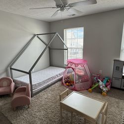Brand New Gray Toddler Bed Frame With Two Brand New Twin Mattresses And Toddler Play Table 