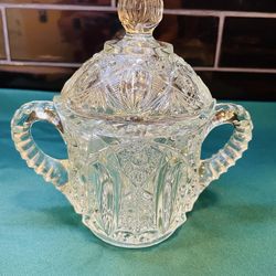 Vintage press cut glass 2 handled sugar jar with handles