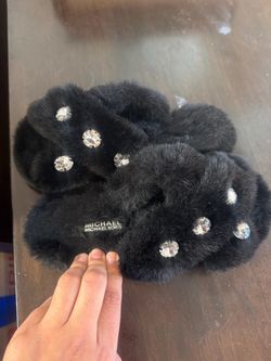 Michael Kors Black Fluffy Slippers with Rhinestones