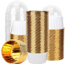 EUSOAR Gold Cupcake Cups, 3.5oz 100pcs Disposable Mini Cupcake Liners For Baking, Foil Dessert Containers Oven-Safe Baking Cups Pan With Plastic Lids 