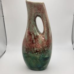 Vintage Hand Thrown Pottery Vase Mini Pitcher Mottled Teal Maroon Glaze 8"
