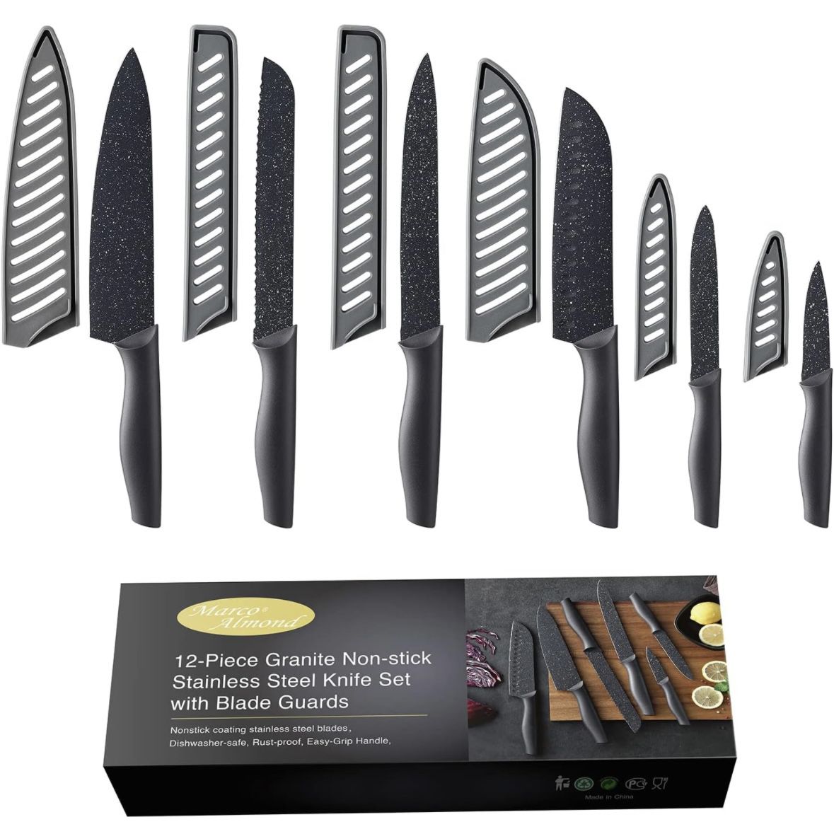 Marco Almond Kitchen Knife Set, KYA39 12-Piece Chef Knife Sets, 6 Knives with 6 Blade Guards, Stainless Steel Knives Set for Kitchen with Covers, Blac