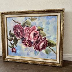 Vintage Original Hand painting Pink Roses In Golden Victorian Style Frame 20/23 