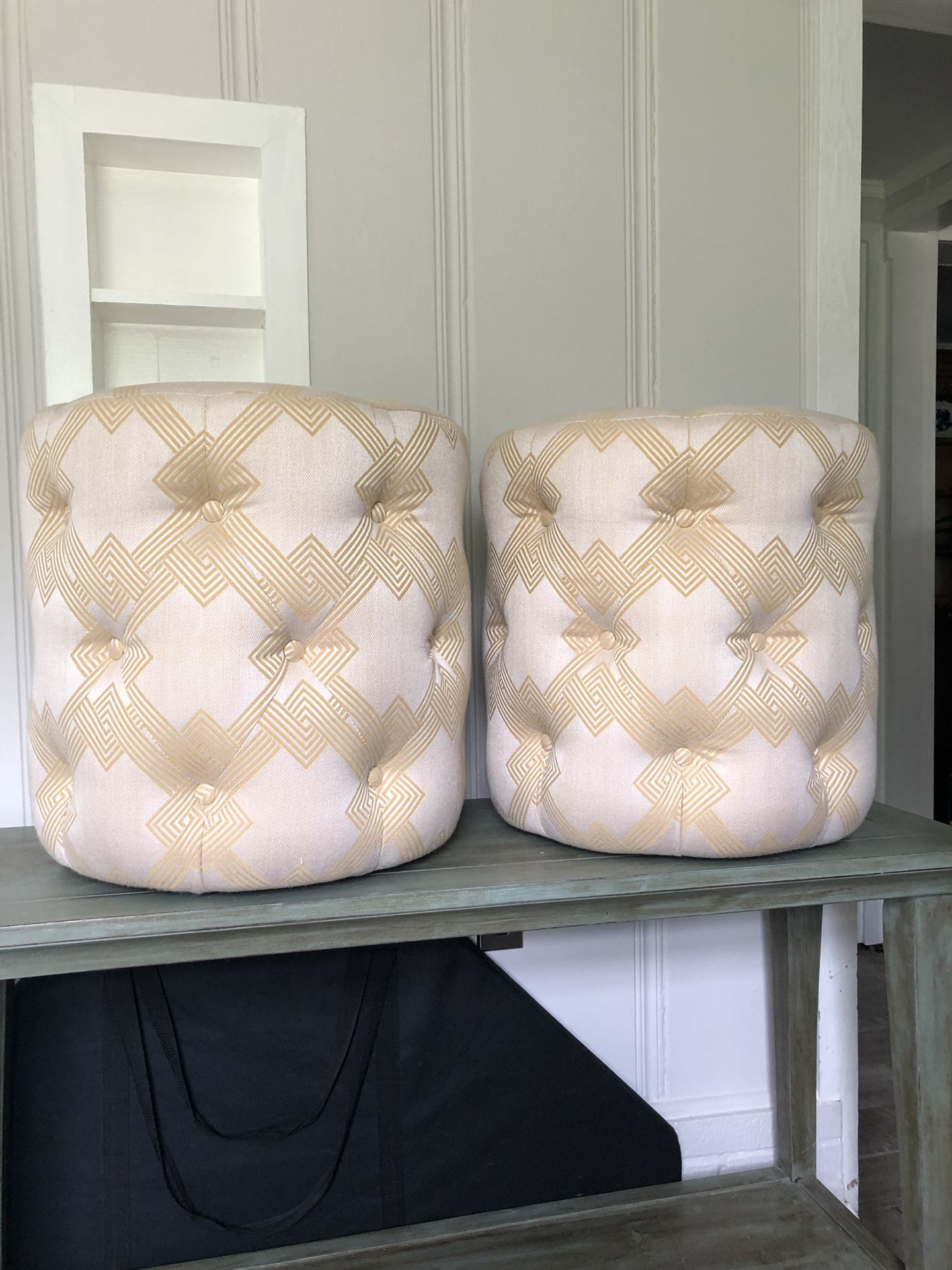 Excellent Mitchell Gold + Bob Williams Rocco Gold/Ivory Tufted 20” Round Ottomans