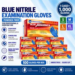 5 Mil Blue Nitrile Exam Gloves Powder Free IF52 1000 Count Case Diamond Gloves