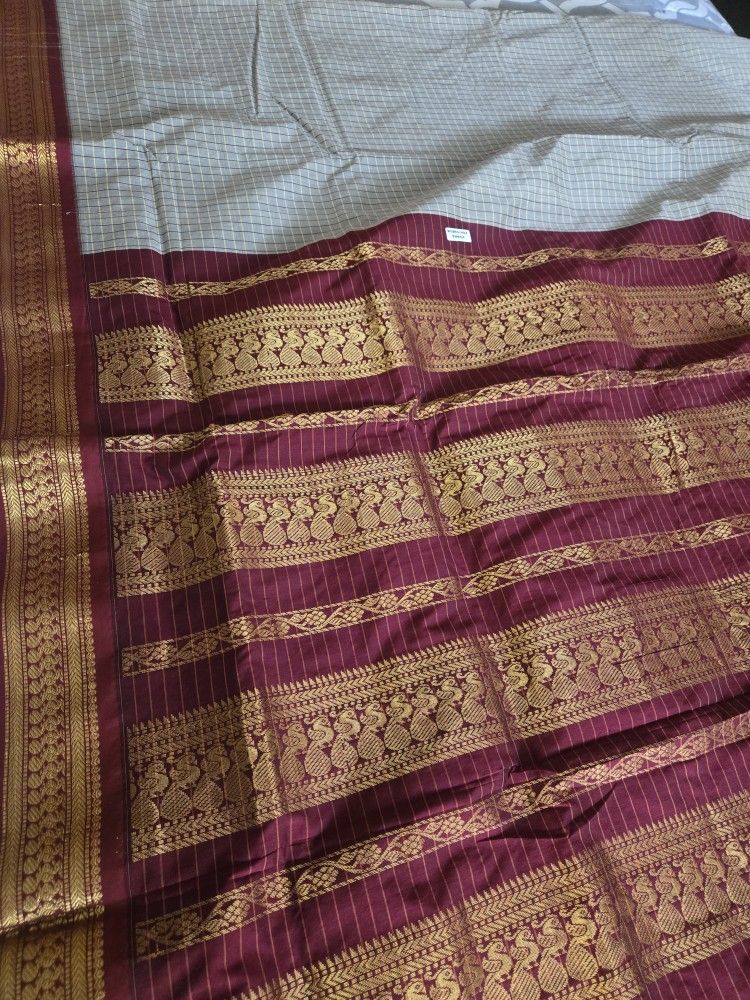 Beautiful New Silvery Grey Cotton Gadwal Sari With Checks...