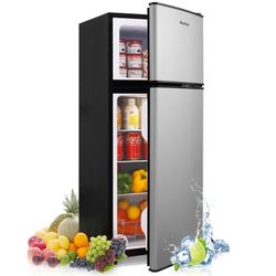 MaxKare 3.6 Cu.ft Mini Fridge with Freezer 2-Door Compact Refrigerator for Dorm, Office, Bar, RV, Bedroom, Silver