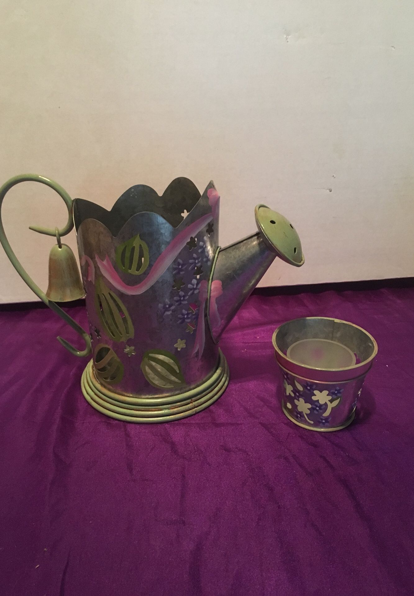 Lilac watering can, snuffer and flower pot