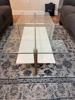 Glass Top Coffee Table -  47 in. Brass/White Lacquer Rectangle