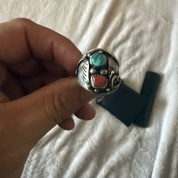 🔥 Vintage Sterling Silver Turquoise & Coral Ring – Native Style / Handmade