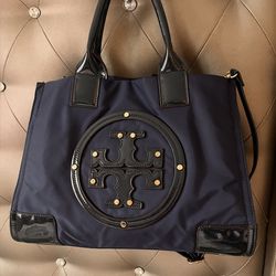 Tory Burch Ella in Classic Navy Blue Nylon & Patent Leather Trim Tote Logo Medallion
