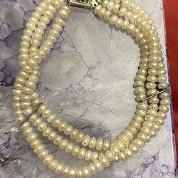 Vintage Sterling Silver Diamond Pearls Three Strand Bracelet 