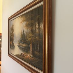 Large Classic Framed Landscape Painting – Cabin & Forest Scene