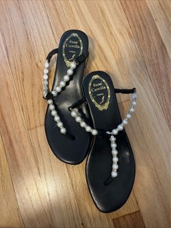 Rene Caovilla Pearl Embellished Sandals Size 37 Gold Block Heel Made in Italy