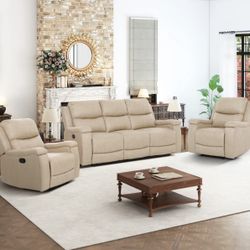 Beige Leather Fully Reclining Three piece Couch Set