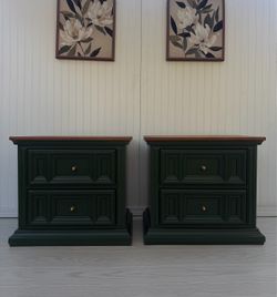 Pair of Dark Green Nightstands with Brass Knobs
