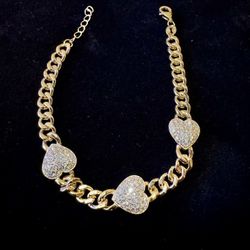 6”-7” 925 Sterling Silver 18k Gold Vermeil with 3 Heart Moissanite Cluster Bracelet. *Brand New*
