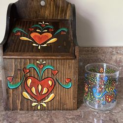 Hand Painted Hanging Wood Box and Little Glass