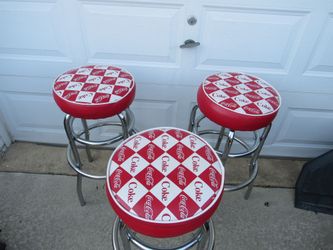 Coca Cola Set of 3 Padded Cushions Bar Stools Chrome Steel Frames 29"