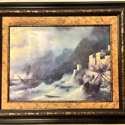 Large Framed Wall Art Aivaskovsky Style Printed Painting Ship In Storm Against Shore