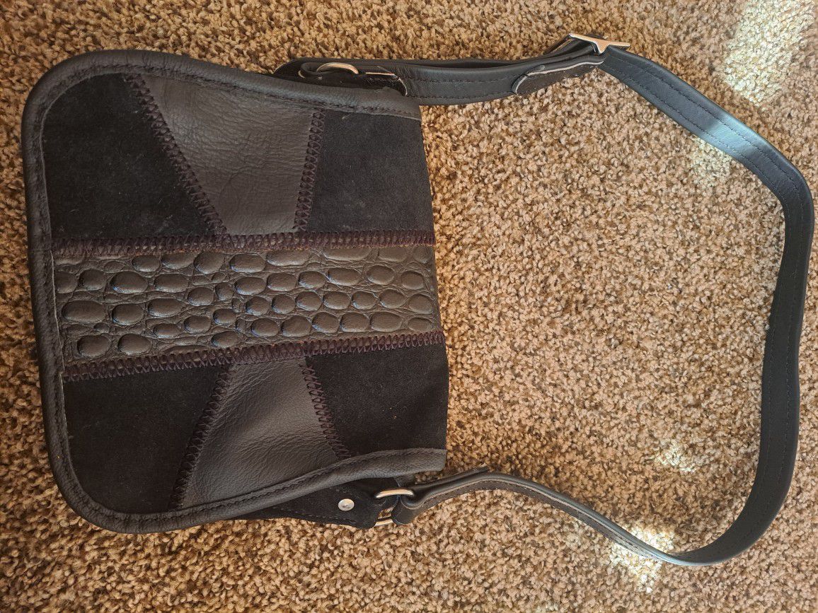 Leather Black Alligator Shoulder Bag (Handmade)