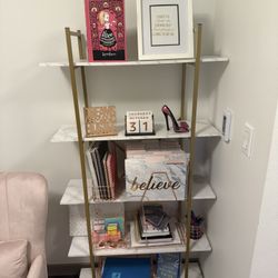 Fully Assembled 5-Tier White Faux Marble & Gold Book Shelf 